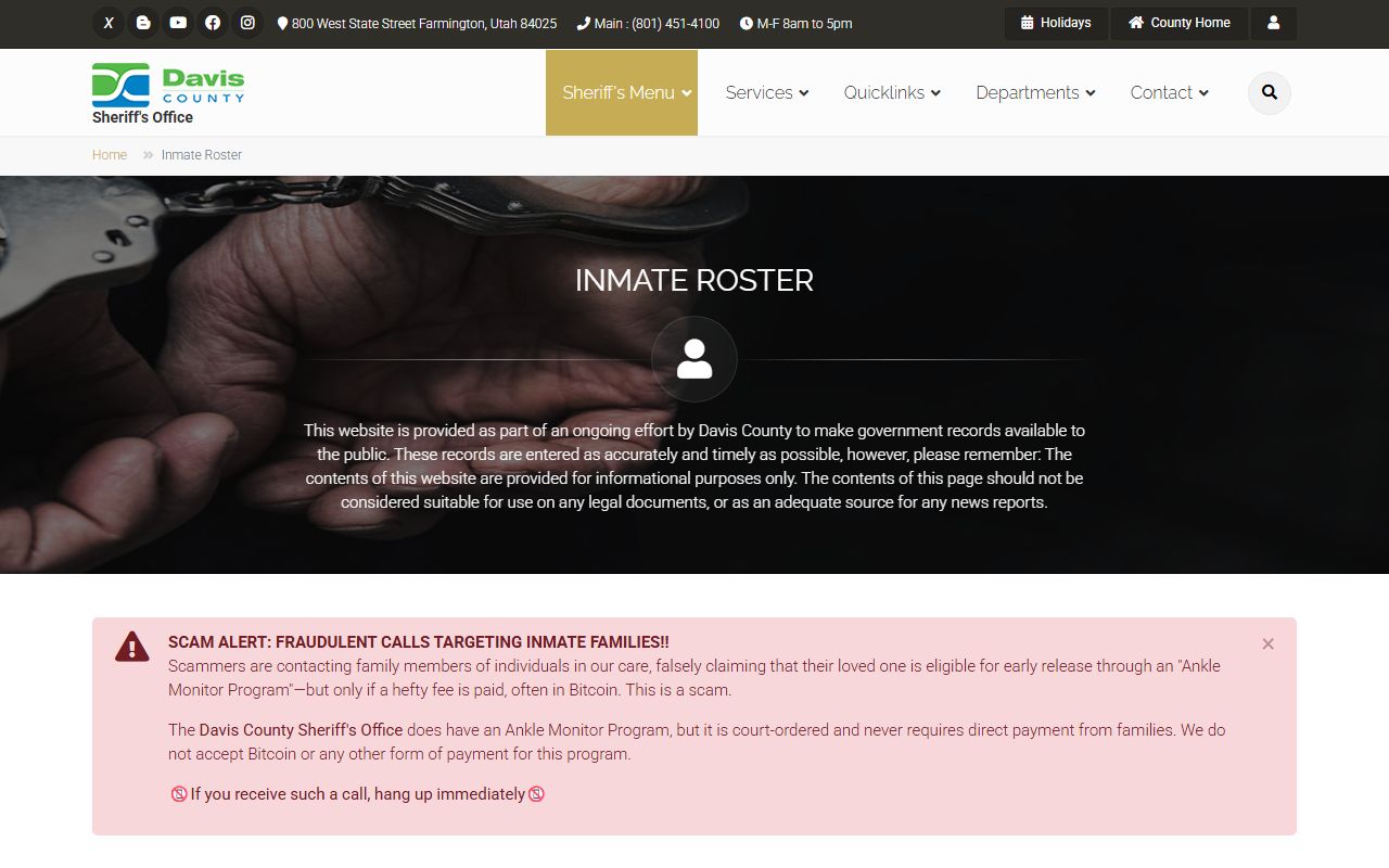 Davis County inmate roster for background check and jail population records
