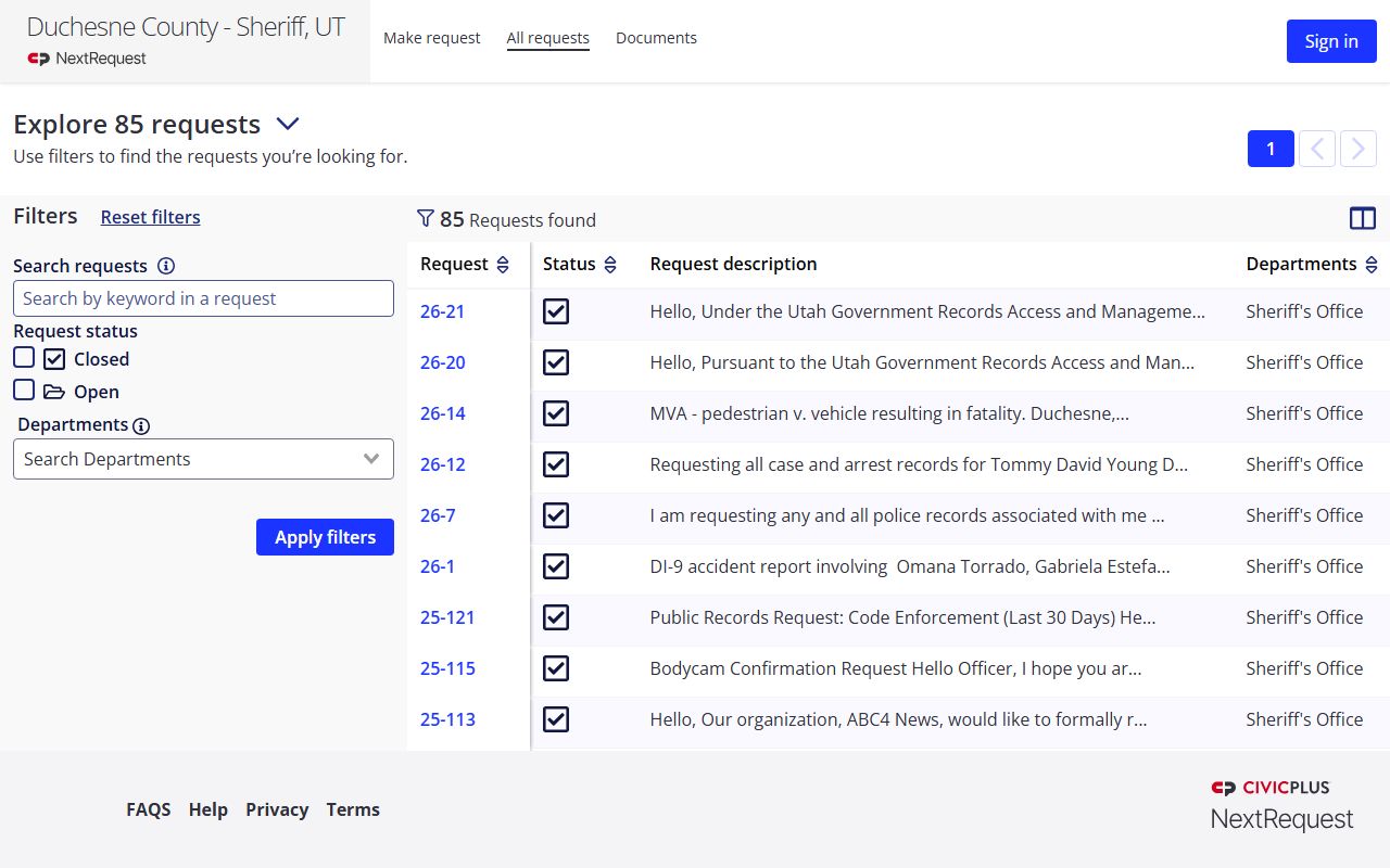 Duchesne County Sheriff GRAMA request portal for background check records