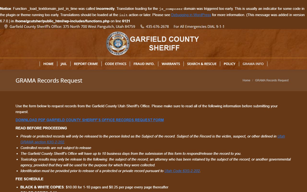 Garfield County Sheriff GRAMA request page for Garfield County background checks