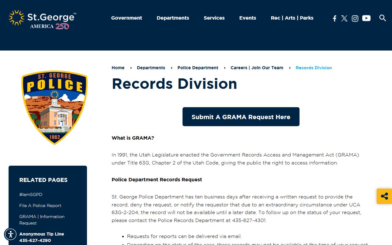 St. George Police Records Division for background check and public records