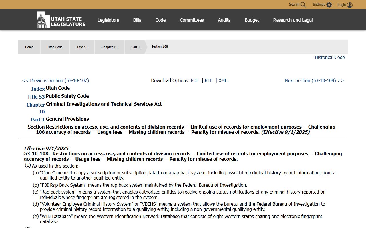 Utah background check statute for criminal history record access and challenges