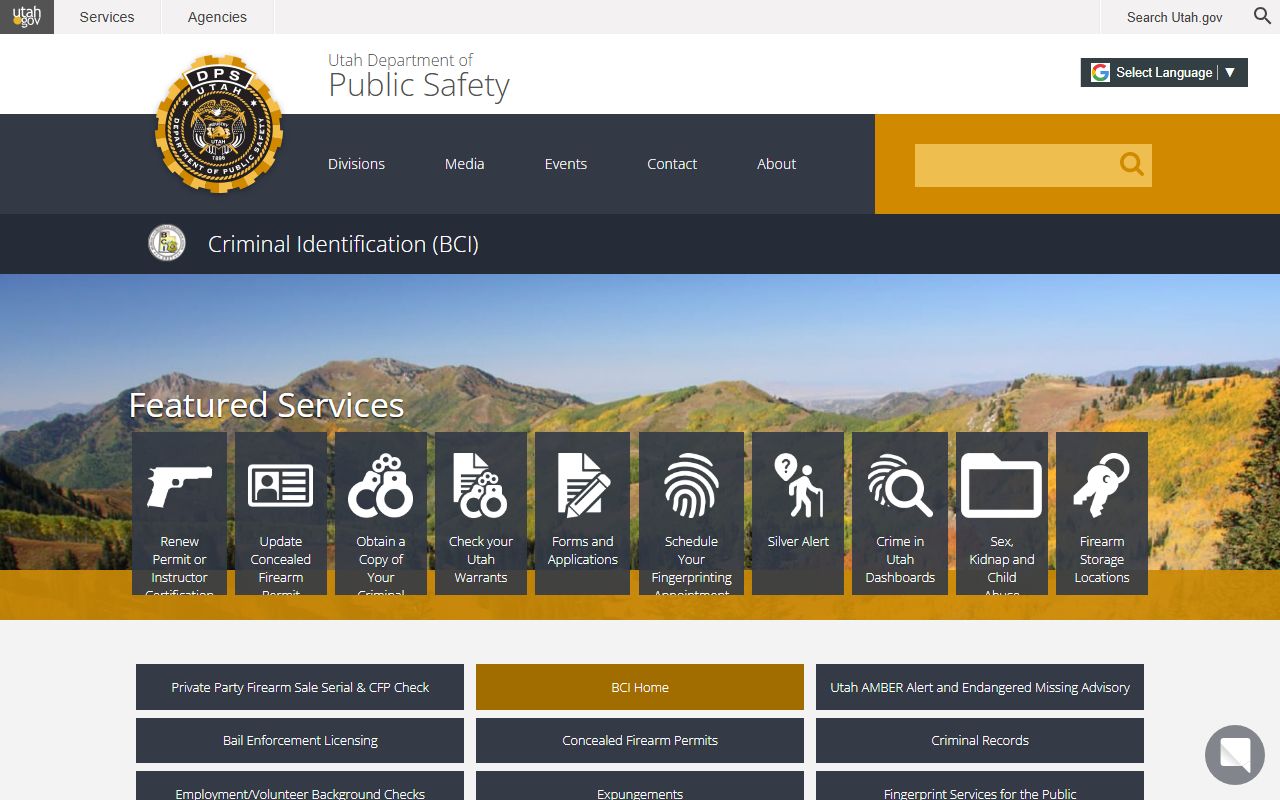 Utah Bureau of Criminal Identification homepage for Utah background checks