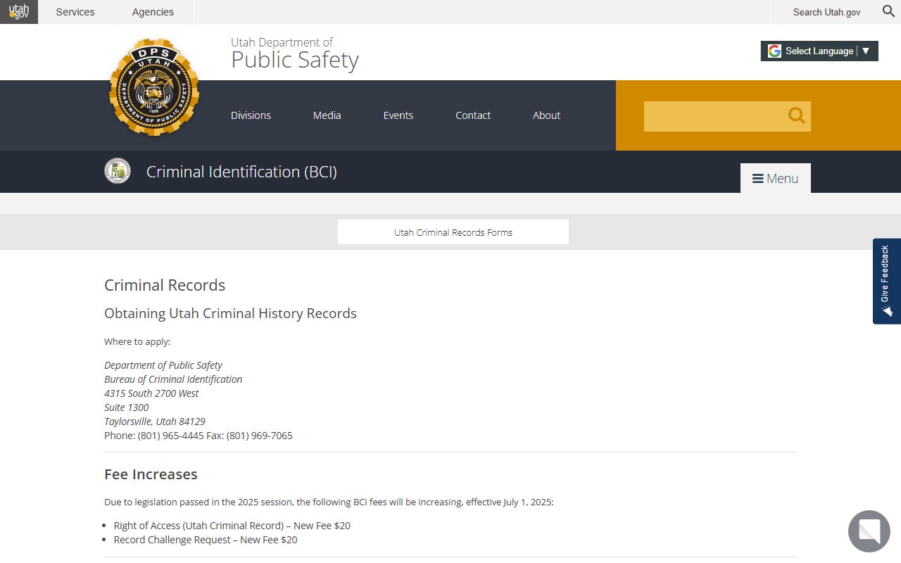 Utah BCI criminal records section page for Utah background checks
