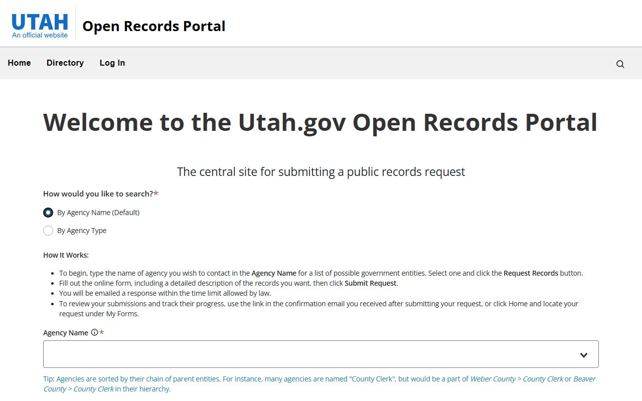 Utah open records portal for public records and background check requests